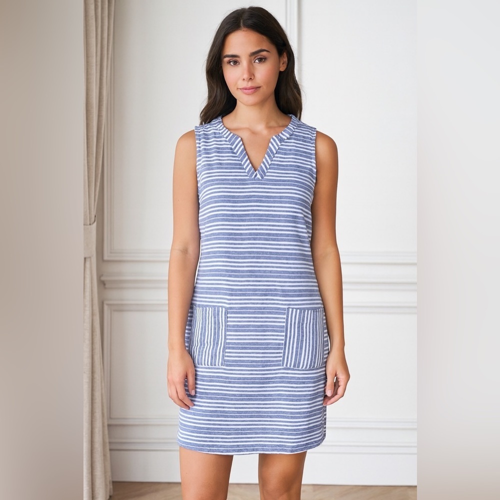 Boden Blue Striped Linen Sleeveless Shift Dress with Pockets | 10R
